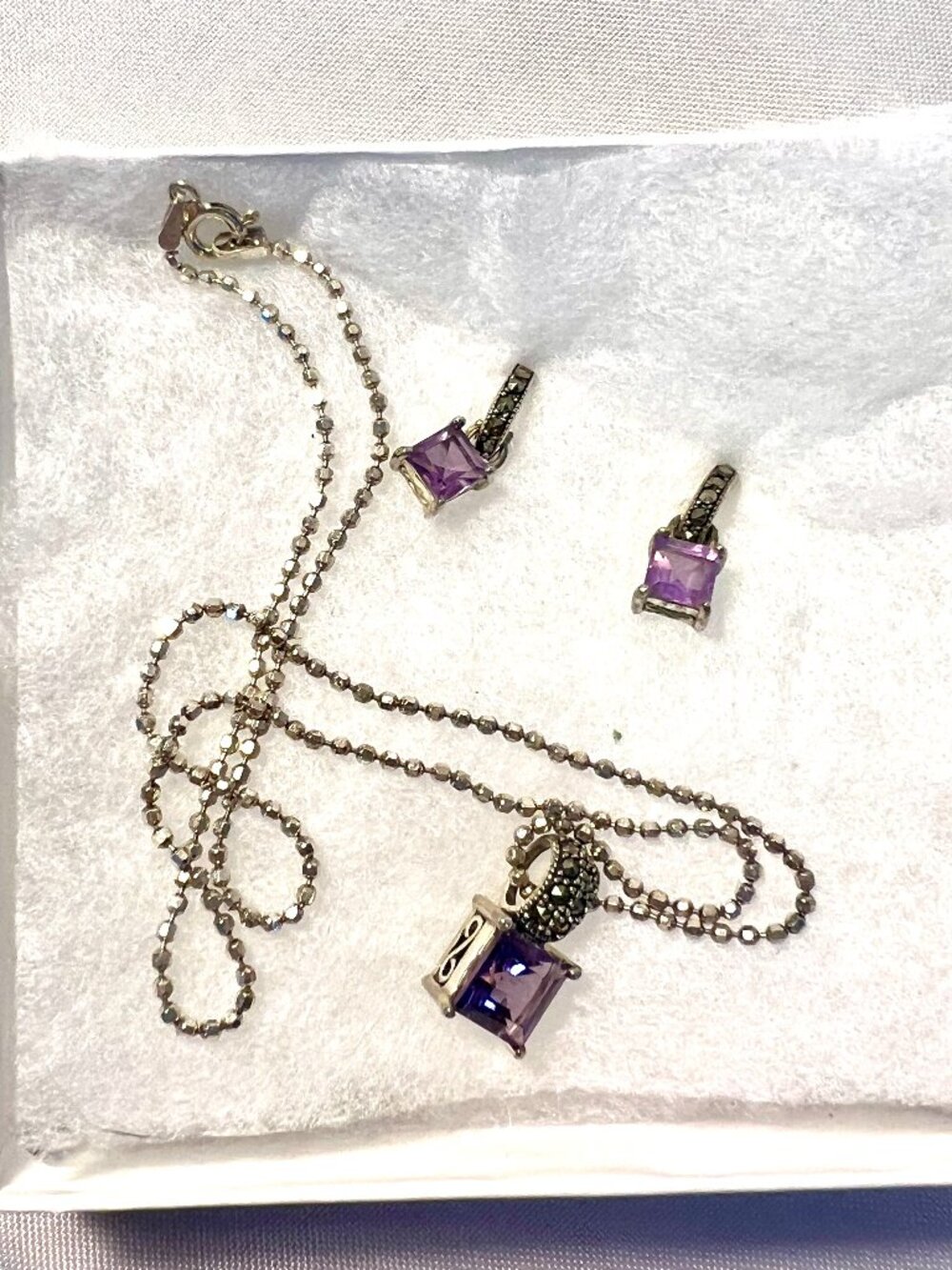 Sterling Silver Amethyst Marcasite Necklace and Earrings Set - SB5D3